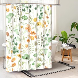 QiyI Watercolor Floral Shower Curtain, Flowers Leaves Spring Bathroom Curtain, Wildflowers Home Décor Machine Washable Bath Curtain, Green Waterproof Fabric Shower Curtain Set with Hooks, 72x72