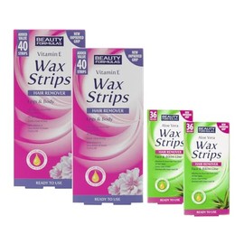 Beauty Formulas Wax Strips -152 Strips | Aloe Vera x 72 & Vitamin E x 80 –– Hair Remover for Face, Bikini Line, Legs, Arms, Underarms & Body – For All Skin Types