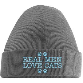 Hippowarehouse Real Men Love Cats Embroidered Beanie Hat Grey with Baby Blue Stitch