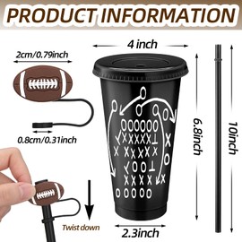 Domensi 12 Pcs Football Plastic Tumbler with Lid and Straw 24oz Reusable Plastic Cups with Straw Cover Caps Football Gifts for Fan Friend Guest Birthday Office Sport Party Supplies