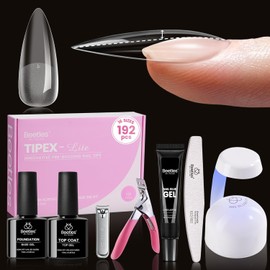 Beetles Tipex Lite Apex Nail Tips Kit, Stiletto Medium,192pcs 16 Sizes, with UV Nail Glue, Base & Top Coat, Mini Nail Lamp, Nail Clipper & Cuticle Nipper, Pre-Building Pre-Etched