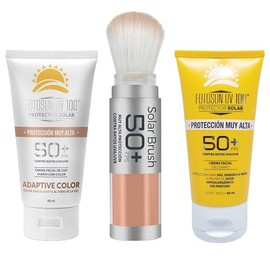 FOTOSUN UV 100 3-Pack FPS 50+, protector solar facial y corporal, fotoprotección UVA y UVB, todo tipo de piel, uso diario, incluye Solar Brush, Adaptive Color y Facial