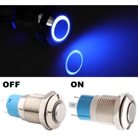 RUNCCI-YUN 6 Pieces 12 mm Metal Locking Pressure Switch, DC 12 V/24 V 4 Pin SPDT On/Off Switch with Blue LED Light, Waterproof Self-Locking Round Switch (Protruding)