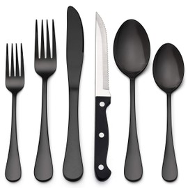 LIANYU 36-Piece Black Silverware Set with Steak Knives, Stainless Steel Flatware Cutlery Set for 6, Modern Eating Utensils Tableware, Mirror Finish, Dishwasher Safe