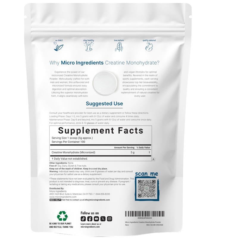 Creatine Monohydrate Powder 500 Grams (1.1 Lb), 5000mg Per Serv,