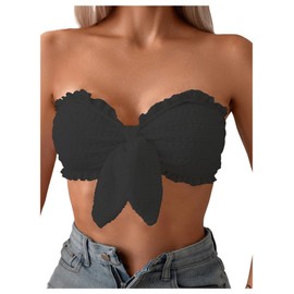 WDIRARA Women's Ruffle Trim Strapless Bandeau Bikini Top Knot Front Bathing Suit Tops Black Large