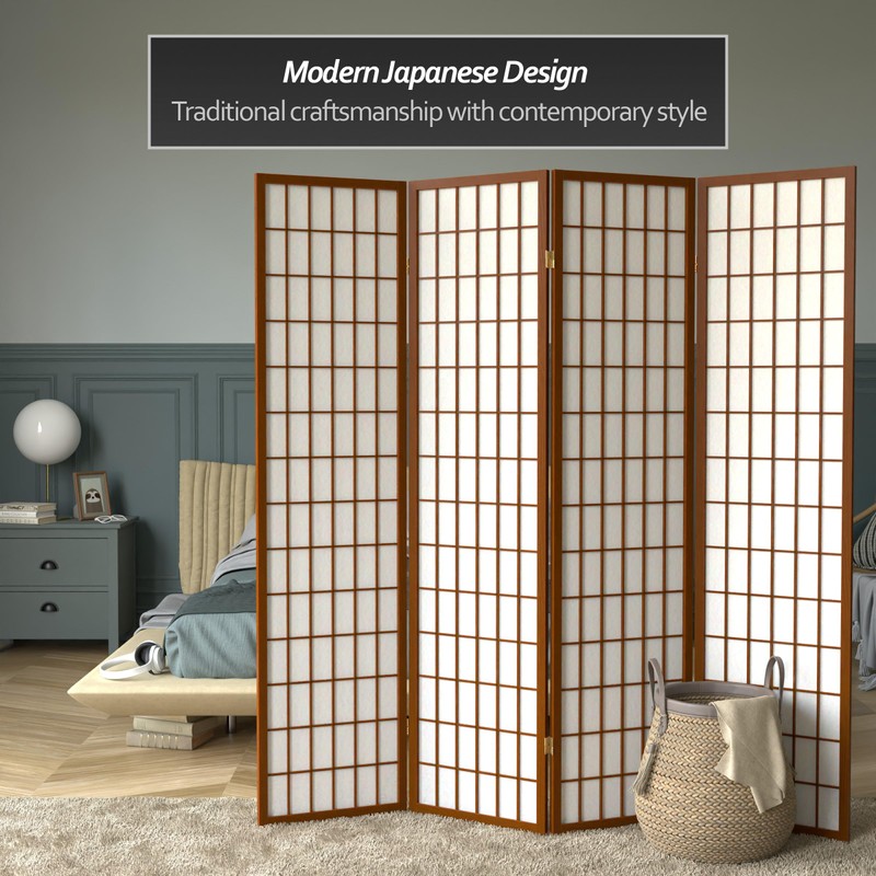 Red Lantern 6 ft. Tall Window Pane Shoji Screen-Walnut-4 Panels