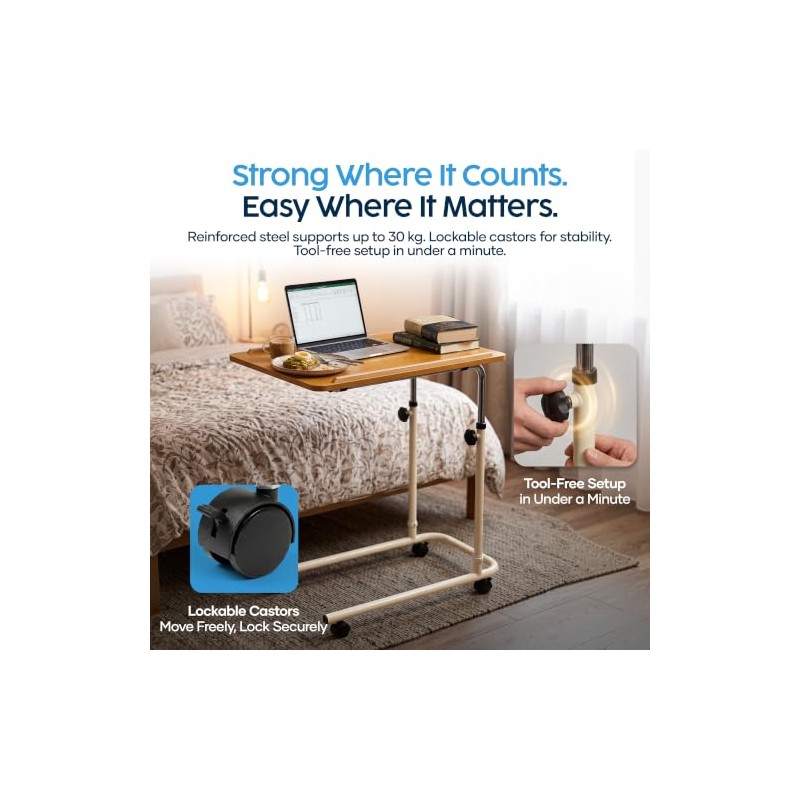 Eazy Overbed Table with Wheels, Adjustable height Bed Table for