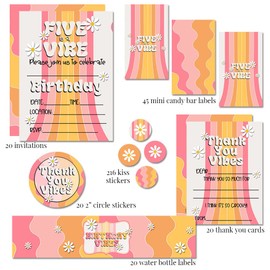 Amanda Creation Deluxe Groovy Five is a Vibe 5th Birthday Birthday Party Bundle Includes 20 Invitations & Thank You Cards & Envelopes + 2 Sizes of Stickers, & Water Bottle Labels!