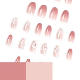 LONEOURS 24pcs French Almendra Nails, Acrílico, Cobertura completa, Uñas Falsas, Pegamento Incluido, Mediano