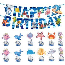 Kiyanest Ocean Birthday Decoration - Party Decoration Set with Banner & Cupcake Toppers - Underwater Party Supplies for Kids & Adults