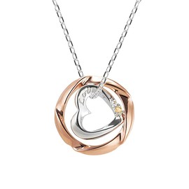 Lovers Scene Women's Pendant Necklace with Choice of Birthstone Diamond Heart & Circle Motif Silver, Diamond Stone Silver, Citrine Diamond
