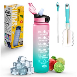 K-MART Sports Water Bottle with Straw and Time Marking, and 32OZ Capacity - Motivational and BPA-Free Bottle for Running, Gym, Yoga, Outdoors, and Camping (Style-1, Pink-Mint Green)