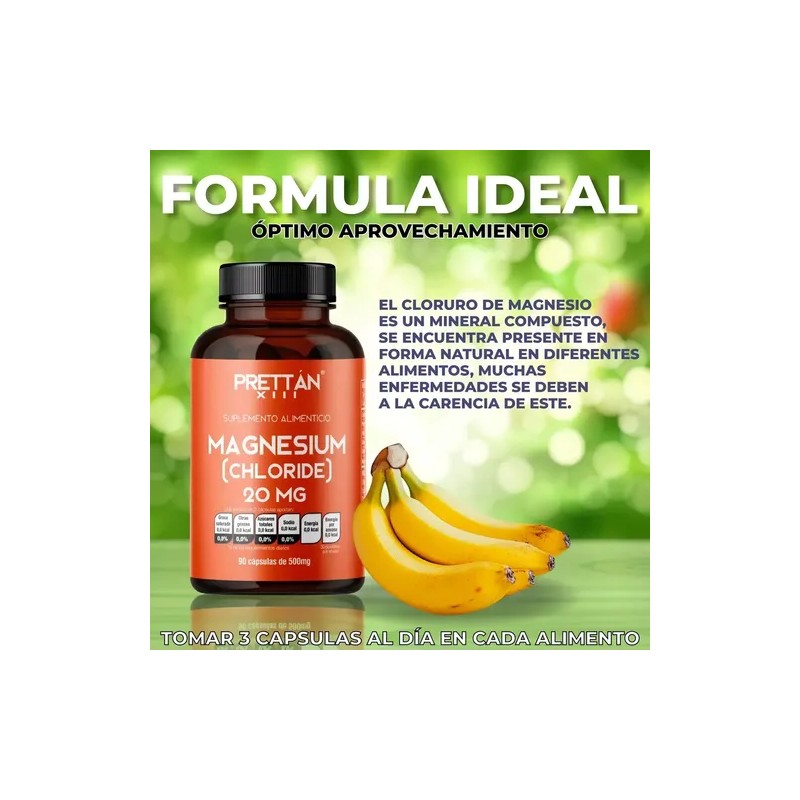 Cloruro De Magnesio 20mg 90 Cápsulas Vitamina 500mg Prettan