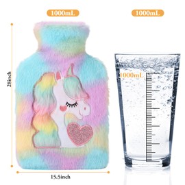 Hot Water Bottle with Cover,Removeable & Washable Soft Unicorn Plush Bottle Cover Warm in Winter,Natural Rubber 1 L for Neck,Waist,Back,Legs,Shoulder (Green)