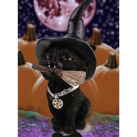 Kremers Schatzkiste Black Witch Cat with Broom 18 cm Gothic Decorative Figure Occult for Standing Up Cat Decoration with Witch Broom