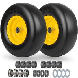GICOOL 13x5.00-6 Flat Free Lawn Mower Tire and Wheel, Smooth Tread Tire for Lawnmower, Installed 3/4" Bearing with Extra 5/8" Bearing, 3.25"-5.9" Centered Hub, 2 PCS