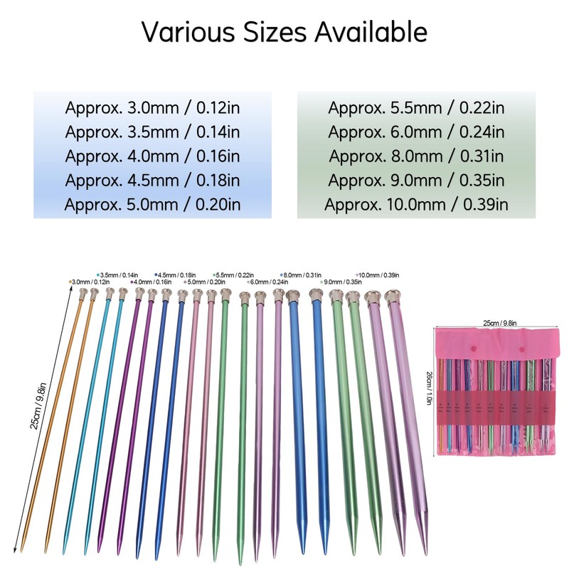 Vvikizy 10in Knitting Needles Set, Metal Single Pointed 25cm Colored