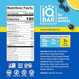 IQBAR Barras de proteínas cerebrales + cuerpo | Arándano de limón | Keto, vegano, Paleo amistoso, bajo azúcar, bajo contenido de carbohidrato, alta fibra, sin gluten | 24 unidades