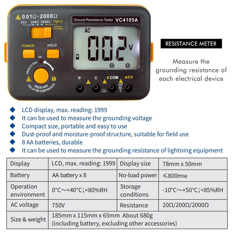 SKYCENX VC4105A Earth Resistance Tester Digital Grounding Resistance Meter 20/200/2000Ω