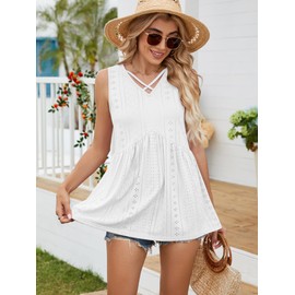 Famulily Women's Summer Sleeveless Tank Tops Basic Pleated Cozy Flowy Babydoll Tunic Party Tops White L