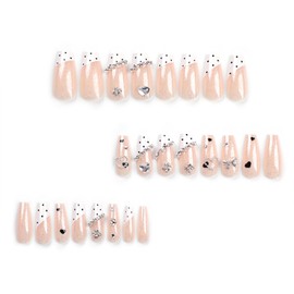 Glitter Bow Rhinestones Press on Nails Milk Cow French Tip Fake Nails with Love Heart Design Glossy Full Cover Acrylic Long Square Stick on Nails for Women DIY Manicure Decoration Supplies