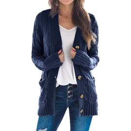 Maavoki Women's Long Elegant Open Front Chunky Knit Cardigan Long Sleeve Cardigan with Buttons and Pockets, darkblue