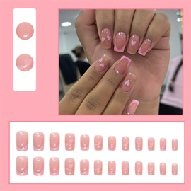24 PCS Valentine's Day Nude Press on Nails Medium Square Fake Nails Gold Foil Line Heart Pink French Tips Full Cover False Nails with Designs Glue on Nails Stick on Nails Artificial Nails for Women