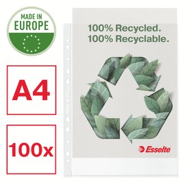 Esselte Recycle A4 Pockets, Embossed Strong PP, 70 Micron, Plastic Punched Poly Pockets, Pack of 100, 627493