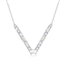 Opal Necklace 925 Sterling Silver V Shape Bar Chain Vertical Bar Chain with Opal Pendant Geometric Cuboid Jewellery Gifts for Women Girls, Sterling Silver, Cubic Zirconia