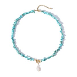 TaYolnFaSo Baroque Pearl Turquoise Pendant Toggle Necklaces for Women 18k Gold-Plated Raw Turquoise Beaded Choker Irregular Natural Freshwater Pearl Jewelry Gift for Her