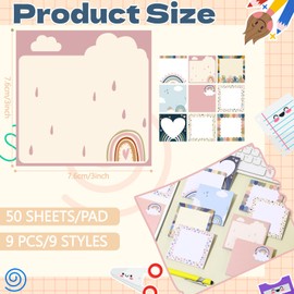 Saypacck 9 Pads Cute Sticky Notes Cartoon Self Stick Notepads 3x3 Inches Notes Adhesive Memo Pad Office Decor Gifts for Students School Teacher Office Meeting (Boho)