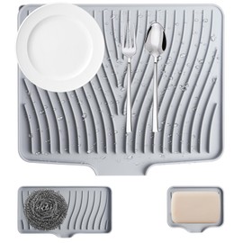 Silicone Drying Mat for Kitchen Counter, 15.8"×13" Non-Slip Dish Drying Mat with Board Drain, 3 Pcs Kitchen Counter Dry Matt Set(Grey)