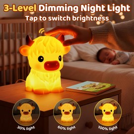 BPA-Free Silicone丨Huggwaii Highland Cow Night Light for Kids, Dimmable Squishy Night Light Touch Cow Lamp, Highland Cow Gifts for Nursery, 30 Auto-Off Timer, Cute Room Decor for Boys Girls Women