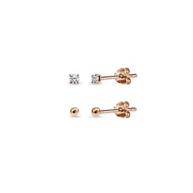 2 Pairs Rose Flash Sterling Silver 2mm Round CZ & Ball Bead Lightweight Unisex Cartilage Earrings Set