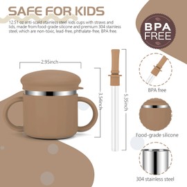 EsOfficce Stainless Steel Baby Sippy Cups, 7.4 Oz Spill Proof Toddler Straw Cups, 3 Stages Training Cup for Toddlers 1-3 Year, Kid Cups with Silicone Sheel and Straws (Beige+Brown)