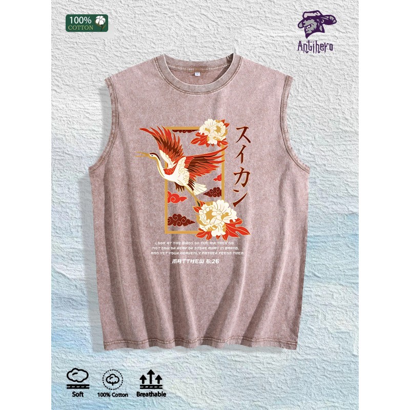 Crane Peony Kanji Washed Vest US Warehouse 3 Colors Cotton