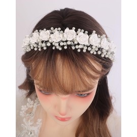 Teyglen White Flower Headband Bride Wedding Headband White Flower Pearl Hair Band Princess Flower Headpiece Floral Hair Accessories for Women Birthday Prom Photography (Headband-1)