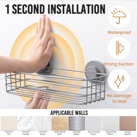 LEVERLOC Shower Caddy Suction Cup, 2 Pack Shelves for Inside with Hooks and Soap Holder, NO-Drilling Bathroom Holder, Rustproof Meatl Bathroom Organizer, Grey