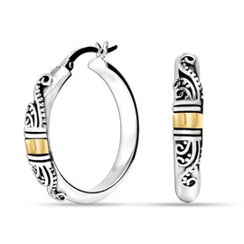 LeCalla 925 Sterling Silver Hoop Earrings Lightweight Two-Tone Round Shape Antique Italian Bali Style for Women - 25MM