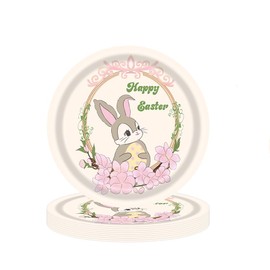 USUKUSI 24 Pcs Easter Paper Plates Vintage Bunny Rabbit Flower Disposable Plates Spring Floral Round Tableware Dinner Dessert Plates Easter Theme Plates for Appetizer Party Decor Supplies, 9 Inch