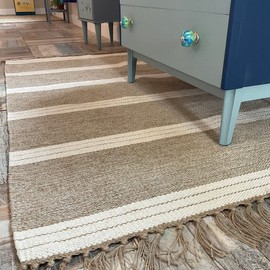 Second Nature Online Reteela Small Rug Sand Beige and Off White Triple Block Stripe Flat Weave with Cotton Jute Yarn 60 cm x 90 cm