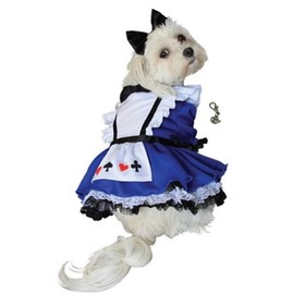 Looking Glass Alice Wonderland Dress Costume with Tea Cup Themed Charm and Bow Headpiece for Dogs - Size (S/M - Chest 14-16”, Neck 9-10.5”, Back 10.75), Blue/White