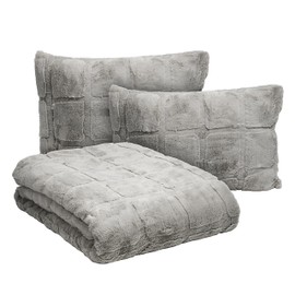 Mon Chateau Grey 3 Piece 3D Squares Faux Fur Comforter Set King, Quilted Design Luxury Bedding Set with Shams, Ultra Soft Cozy Comforter for Bedroom Decor, Bed Set for All Seasons