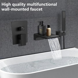 Wall Mount Bathtub Faucet Bath Tub Faucet Set Waterfall Tub Filler, Hot and Cold Water Brass Body with Handheld Shower Wall Mounted Rough Valve, Matte Black