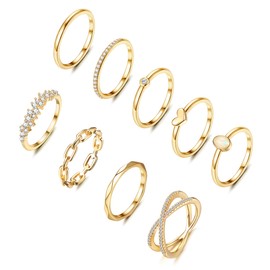 HAIAISO 9PCS 14K Gold Plate Stacking Rings for Women Stackable Knuckle Rings Set CZ Rings Simple Stacking Band Ring Dainty Wedding Gold Ring Comfort Fit Size 7