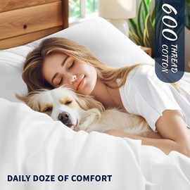 Shilucheng 100% Cotton Queen Size Sheets Set - 600 Thread Count，Luxury Egyptian Cotton Bed Sheets，5-Star Hotel Quality Sheets, Breathable & Cooling, 16 Inch Deep Pocket - 4 Piece (White, Queen)