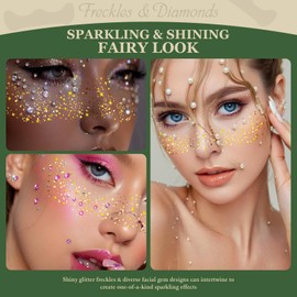 Wugbc Glitter Freckles Face Tattoo, Face Gems Self Adhesive, Gold Sparkle Freckles Face Jewels for Women, Face Glitter Makeup Patches Half Magic Stickers 8 Pcs Fairy Mermaid Festival Rave Accessories