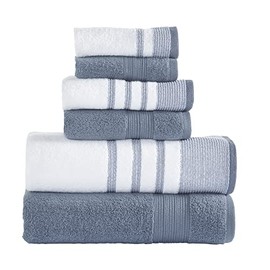 Modern Threads 6 Piece Set, 2 Bath Towels, 2 Hand Towels, 2 Washcloths, Quick Dry White/Contrast Reinhart Denim