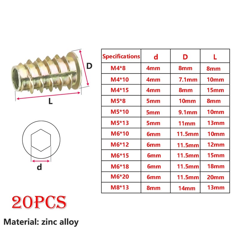 Qrity 20 Pcs Hex Socket Screw-in Nuts Fastener M6x18mm, Zinc